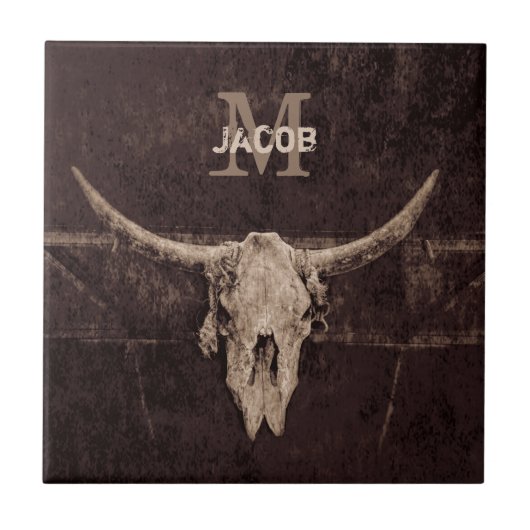 Rustige Westerne bruine beige Old Bull Skull Monog Tegeltje (Voorkant)