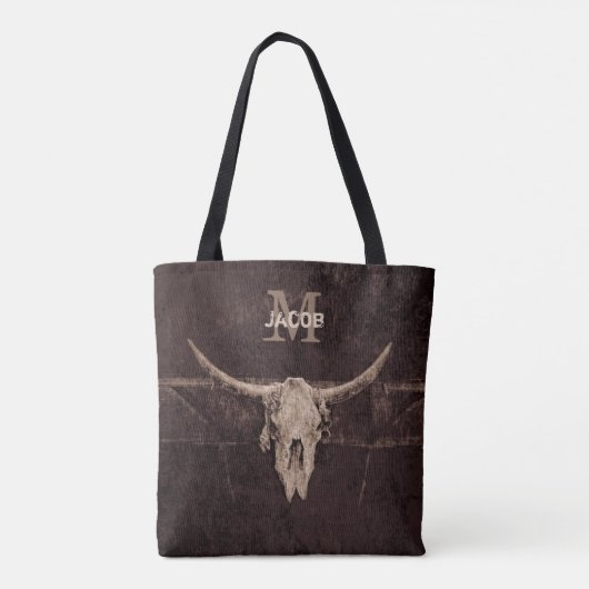 Rustige Westerne bruine beige Old Bull Skull Monog Tote Bag (Achterkant)
