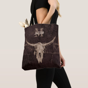 Rustige Westerne bruine beige Old Bull Skull Monog Tote Bag