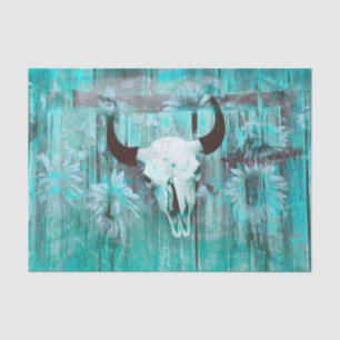 Rustige Westerne Bull Skull Blauwgroen Boho Sunflo Tissuepapier