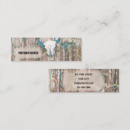 Rustige Westerne Bull Skull Blauwgroen bruine text Contactkaartje (Voorkant / Achterkant)