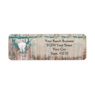 Rustige Westerne Bull Skull Blauwgroen bruine text Etiket