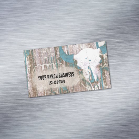 Rustige Westerne Bull Skull Blauwgroen bruine text Magnetisch Visitekaartje (Voorbeeld)