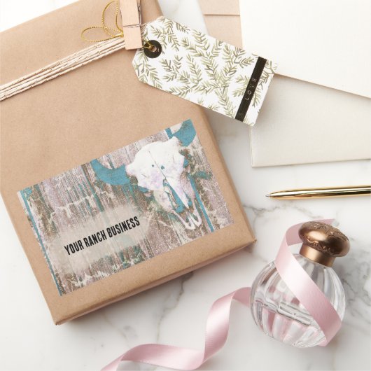 Rustige Westerne Bull Skull Blauwgroen bruine text Rechthoekige Sticker (Geschenken)