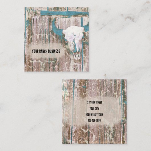 Rustige Westerne Bull Skull Blauwgroen bruine text Vierkante Visitekaartje (Voorkant / Achterkant)