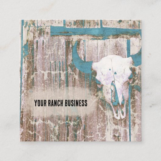 Rustige Westerne Bull Skull Blauwgroen bruine text Vierkante Visitekaartje (Voorkant)