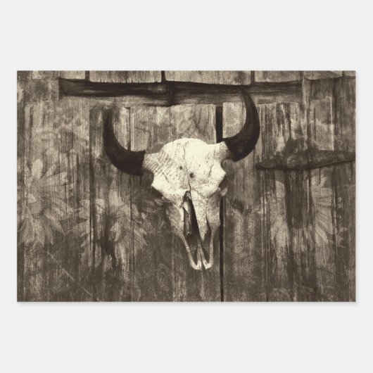 Rustige Westerne Bull Skull Brown Sepia Sunflower Inpakpapier Vel (Voorkant)