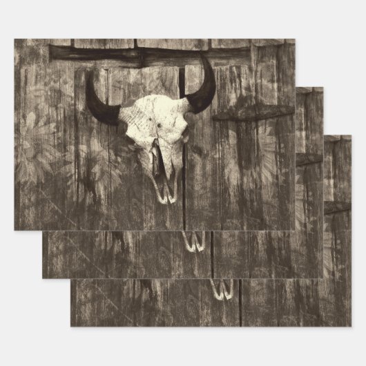 Rustige Westerne Bull Skull Brown Sepia Sunflower Inpakpapier Vel (Set)