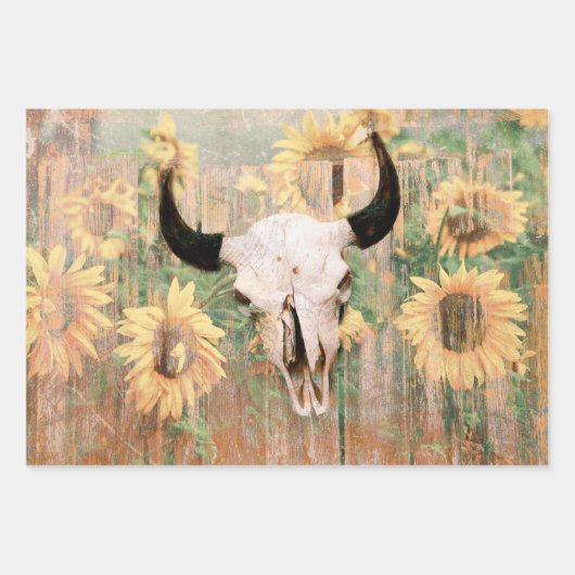 Rustige Westerne Bull Skull Brown Yellow Sunflower Inpakpapier Vel (Voorkant 3)