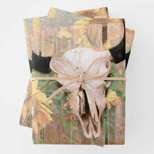 Rustige Westerne Bull Skull Brown Yellow Sunflower Inpakpapier Vel (In situ)