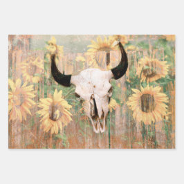 Rustige Westerne Bull Skull Brown Yellow Sunflower Inpakpapier Vel