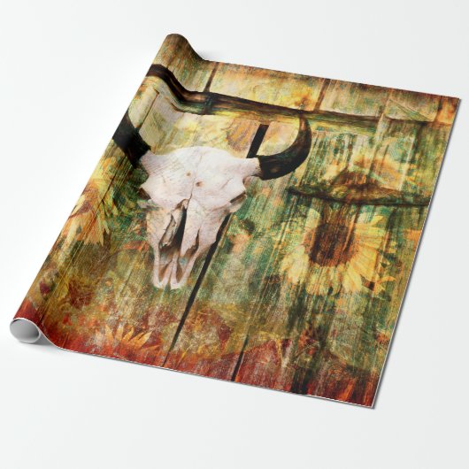 Rustige Westerne bull Skull Country Sunflower Cadeaupapier (Uitgerold)
