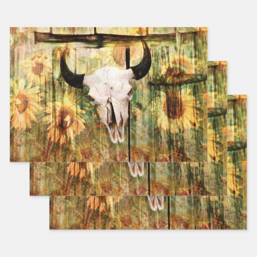 Rustige Westerne bull Skull Country Sunflower Inpakpapier Vel (Set)