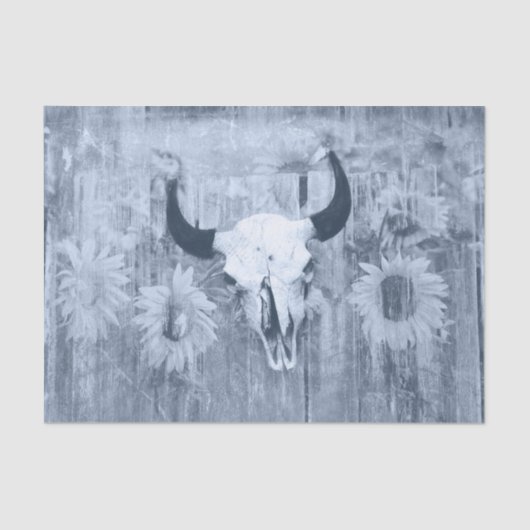 Rustige Westerne Bull Skull Dusty Blue Sunflower Tissuepapier (Voorkant)