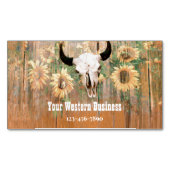 Rustige Westerne Bull Skull Sunflower Houtextuur Magnetisch Visitekaartje (Voorkant)