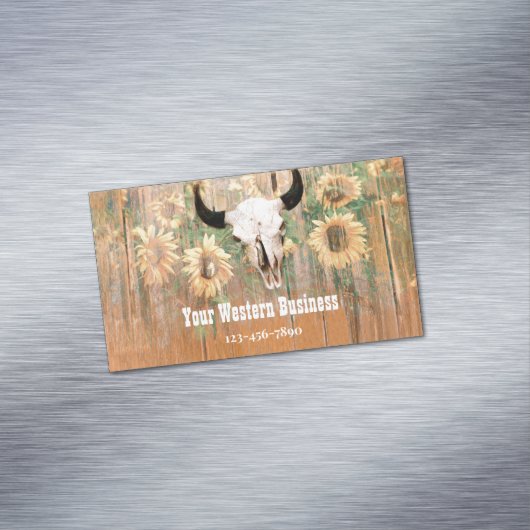 Rustige Westerne Bull Skull Sunflower Houtextuur Magnetisch Visitekaartje (Voorbeeld)