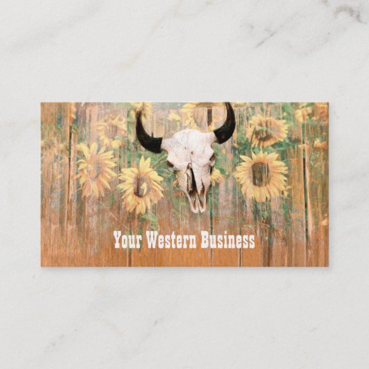 Rustige Westerne Bull Skull Sunflower Houtextuur Visitekaartje (Voorkant)