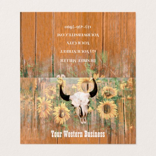 Rustige Westerne Bull Skull Sunflower Houtextuur Visitekaartje (Buitenkant ongevouwen)