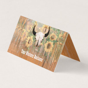 Rustige Westerne Bull Skull Sunflower Houtextuur Visitekaartje