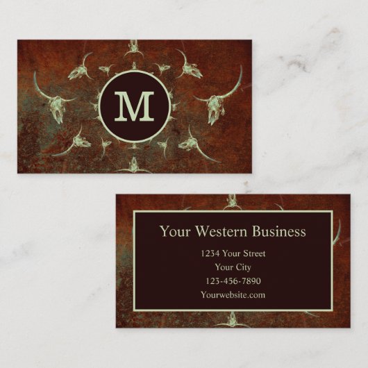Rustige Westerne Monogram Bruin Bull Skull Visitekaartje (Voorkant / Achterkant)