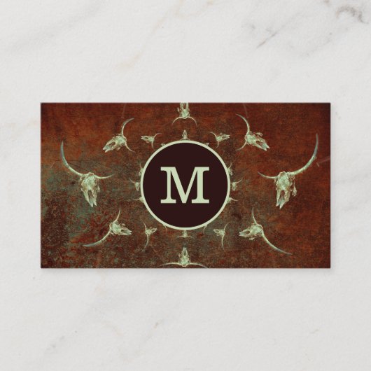 Rustige Westerne Monogram Bruin Bull Skull Visitekaartje (Voorkant)