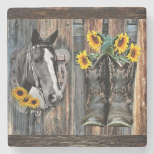 Rustige Westerne paarden Cowboy laarzen zonnebloem Stenen Onderzetter