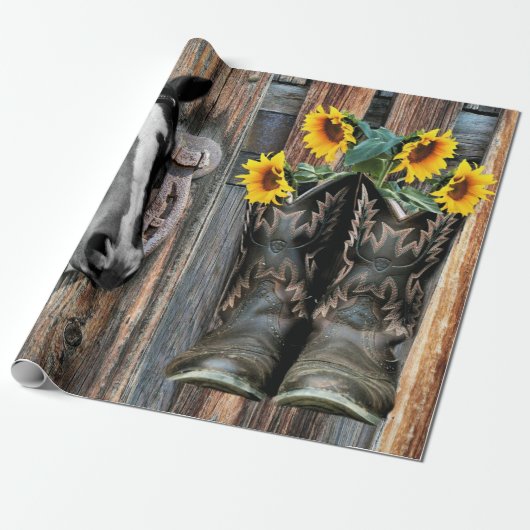 Rustige Westerne paarden Cowboylaarzen Zonnebloeme Cadeaupapier (Uitgerold)