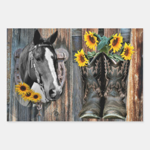 Rustige Westerne paarden Cowboylaarzen Zonnebloeme Inpakpapier Vel