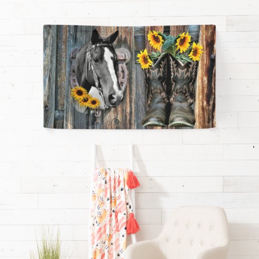 Rustige Westerne paarden Cowboylaarzen Zonnebloeme Spandoek (Insitu)