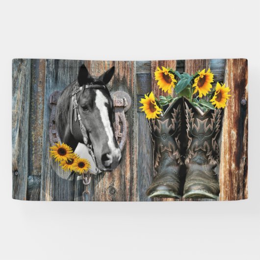 Rustige Westerne paarden Cowboylaarzen Zonnebloeme Spandoek (Horizontaal)