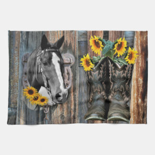 Rustige Westerne paarden Cowboylaarzen Zonnebloeme Theedoek