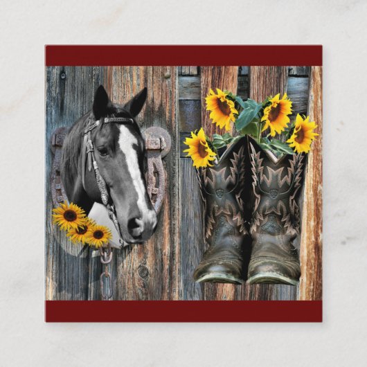 Rustige Westerne paarden Cowboylaarzen Zonnebloeme Vierkante Visitekaartje (Voorkant)