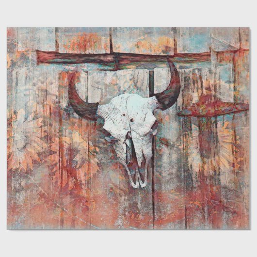 Rustige Westerne Rust Brown Bull Skull Sunflower Cadeaupapier (Vlak)
