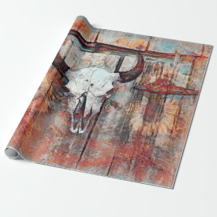 Rustige Westerne Rust Brown Bull Skull Sunflower Cadeaupapier