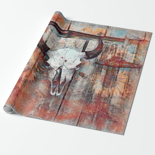 Rustige Westerne Rust Brown Bull Skull Sunflower Cadeaupapier (Uitgerold)