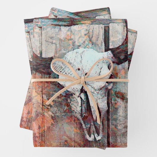 Rustige Westerne Rust Brown Bull Skull Sunflower Inpakpapier Vel (In situ)
