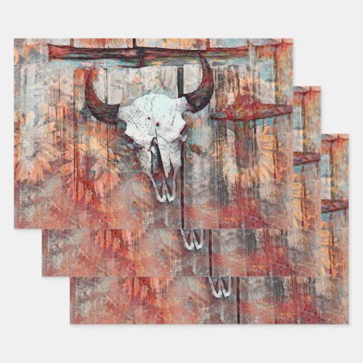 Rustige Westerne Rust Brown Bull Skull Sunflower Inpakpapier Vel (Set)
