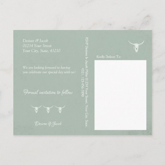 Rustige Westerne schedel Groen sparen de datum Briefkaart (Achterkant)