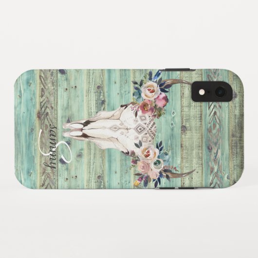 Rustige Westerne Turquoise Wood Cow Skull Monogram Case-Mate iPhone Case (Achterkant (horizontaal))