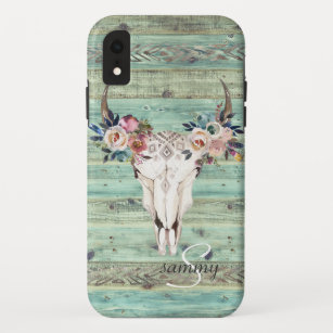 Rustige Westerne Turquoise Wood Cow Skull Monogram Case-Mate iPhone Case