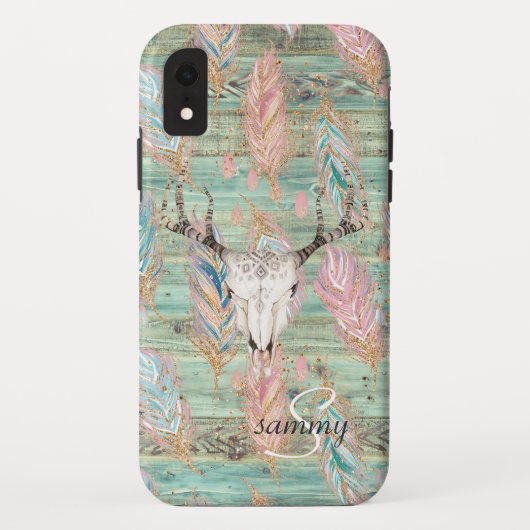 Rustige Westerne Turquoise Wood Deer Skull Monogra Case-Mate iPhone Case (Achterkant)