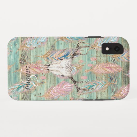 Rustige Westerne Turquoise Wood Deer Skull Monogra Case-Mate iPhone Case (Achterkant (horizontaal))