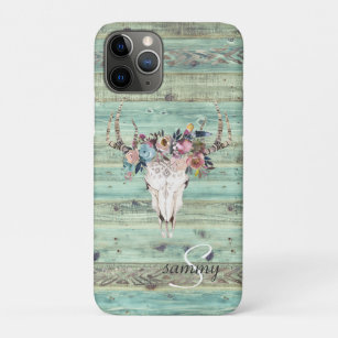 Rustige Westerne Turquoise Wood Deer Skull Monogra Case-Mate iPhone Case