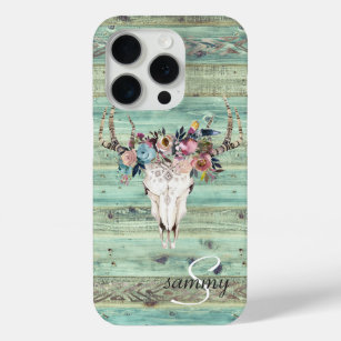 Rustige Westerne Turquoise Wood Deer Skull Monogra iPhone 15 Pro Case