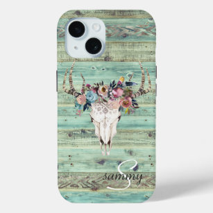 Rustige Westerne Turquoise Wood Deer Skull Monogra iPhone 15 Case