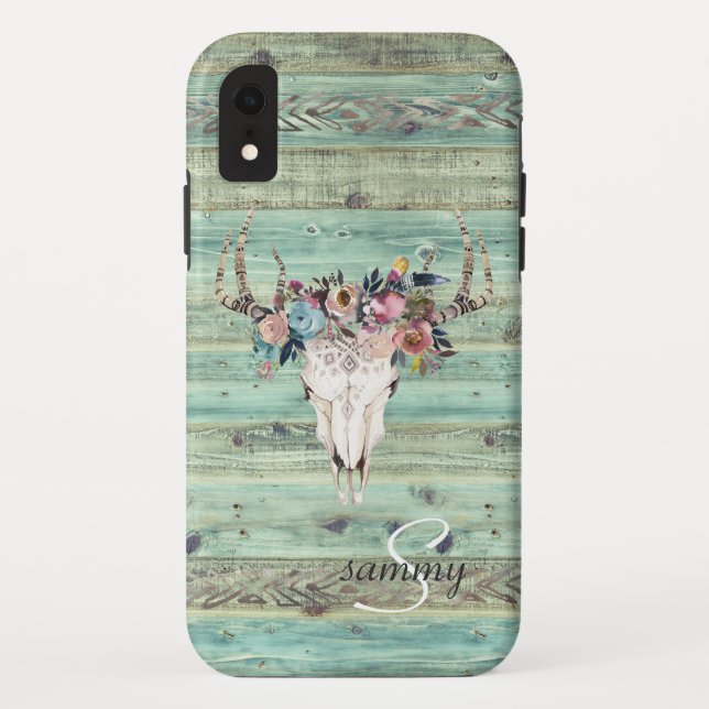 Rustige Westerne Turquoise Wood Deer Skull Monogra Case-Mate iPhone Hoesje (Achterkant)