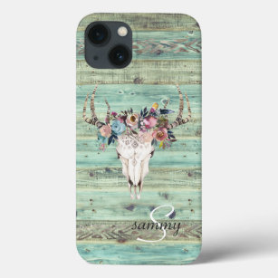 Rustige Westerne Turquoise Wood Deer Skull Monogra Case-Mate iPhone Case