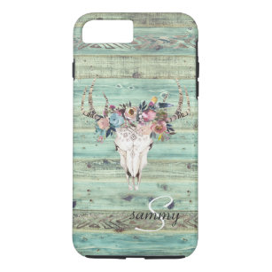 Rustige Westerne Turquoise Wood Deer Skull Monogra iPhone 8/7 Plus Hoesje