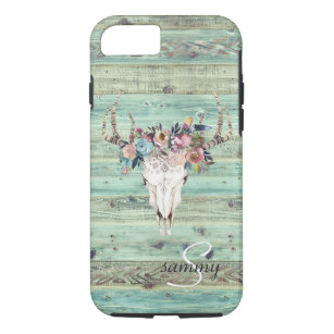 Rustige Westerne Turquoise Wood Deer Skull Monogra iPhone 8/7 Hoesje
