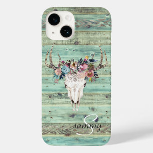 Rustige Westerne Turquoise Wood Deer Skull Monogra Case-Mate iPhone 14 Hoesje